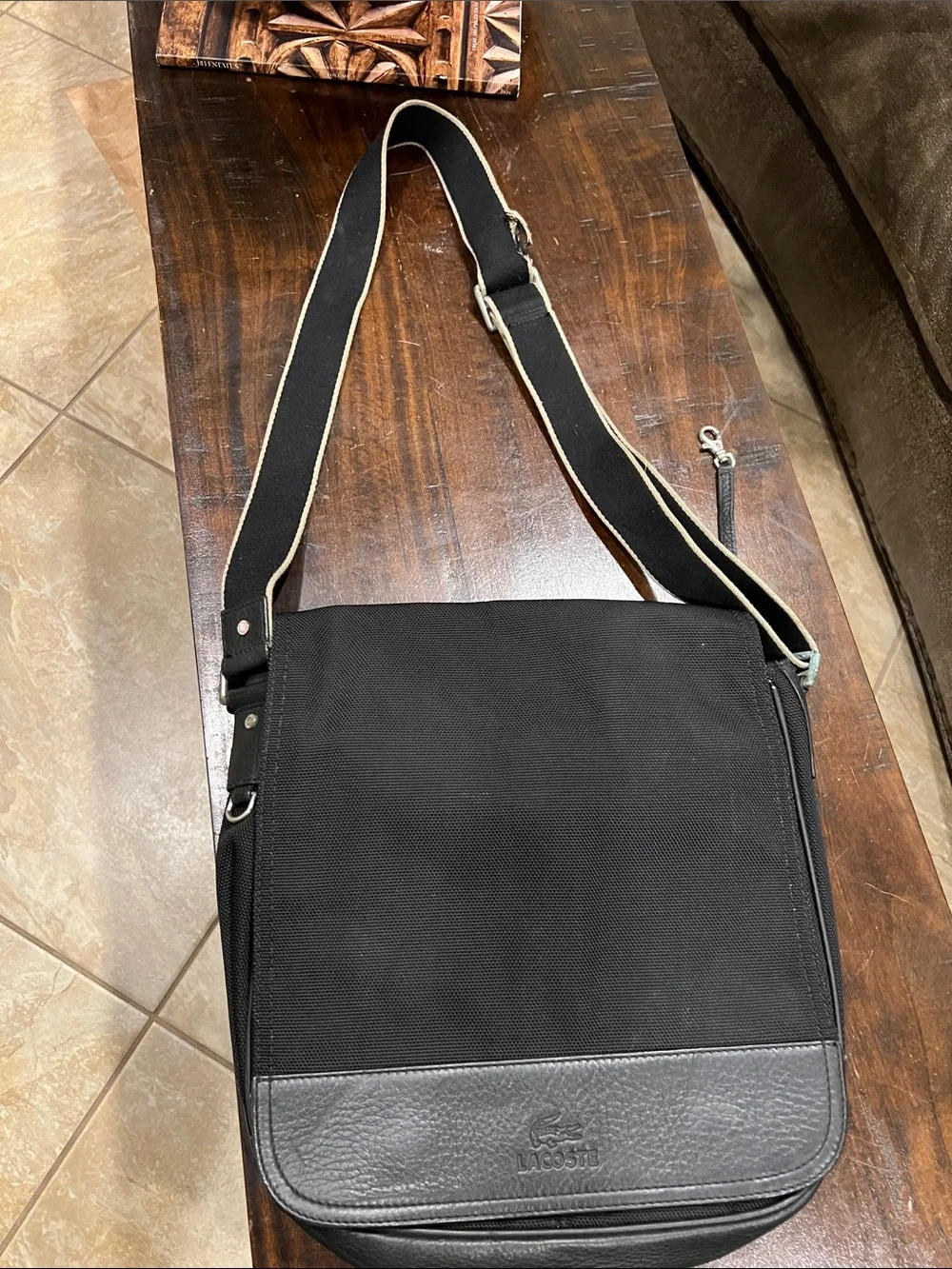 Lacoste Black Canvas Messenger Bag with Leather Trim. Lacoste shoulder/crossbody